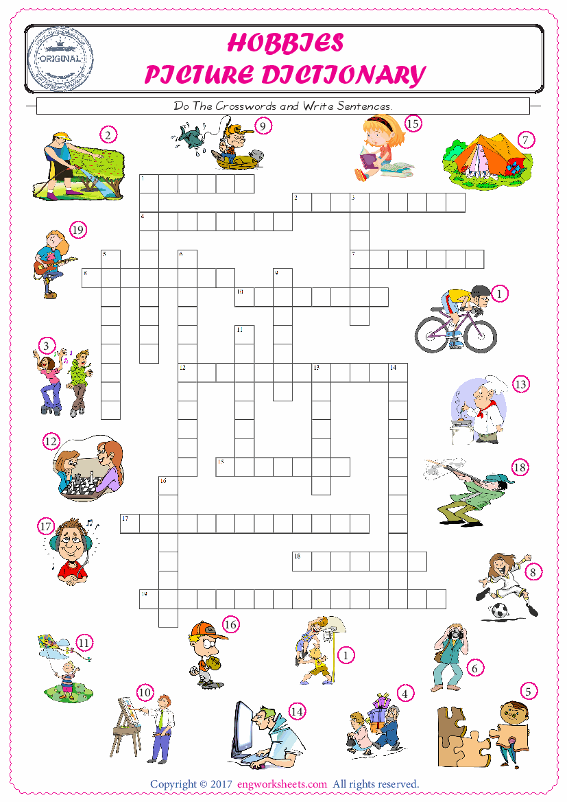  ESL printable worksheet for kids, supply the missing words of the crossword by using the Hobbies picture. 